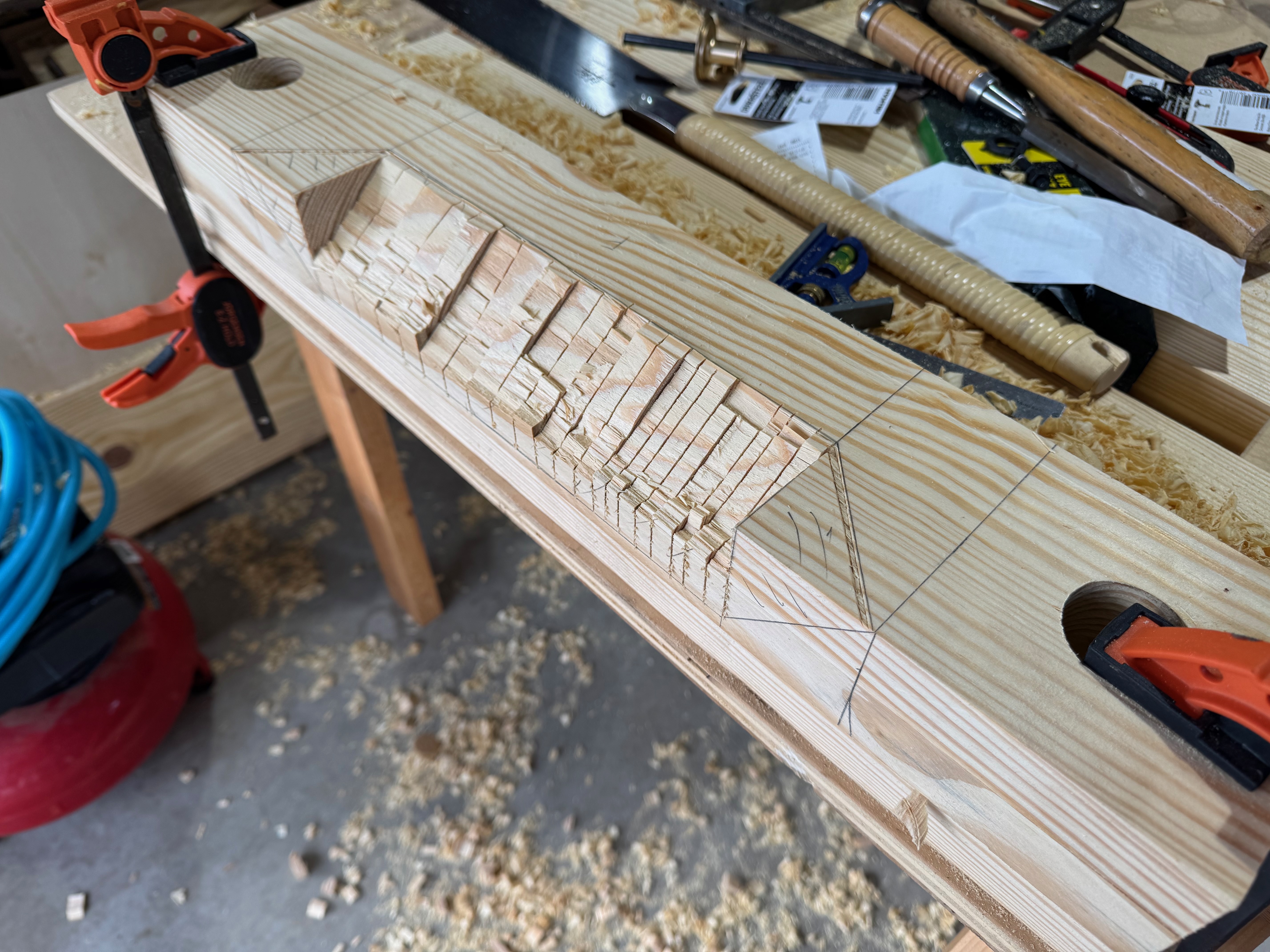 Sawed at an angle and chiseled out