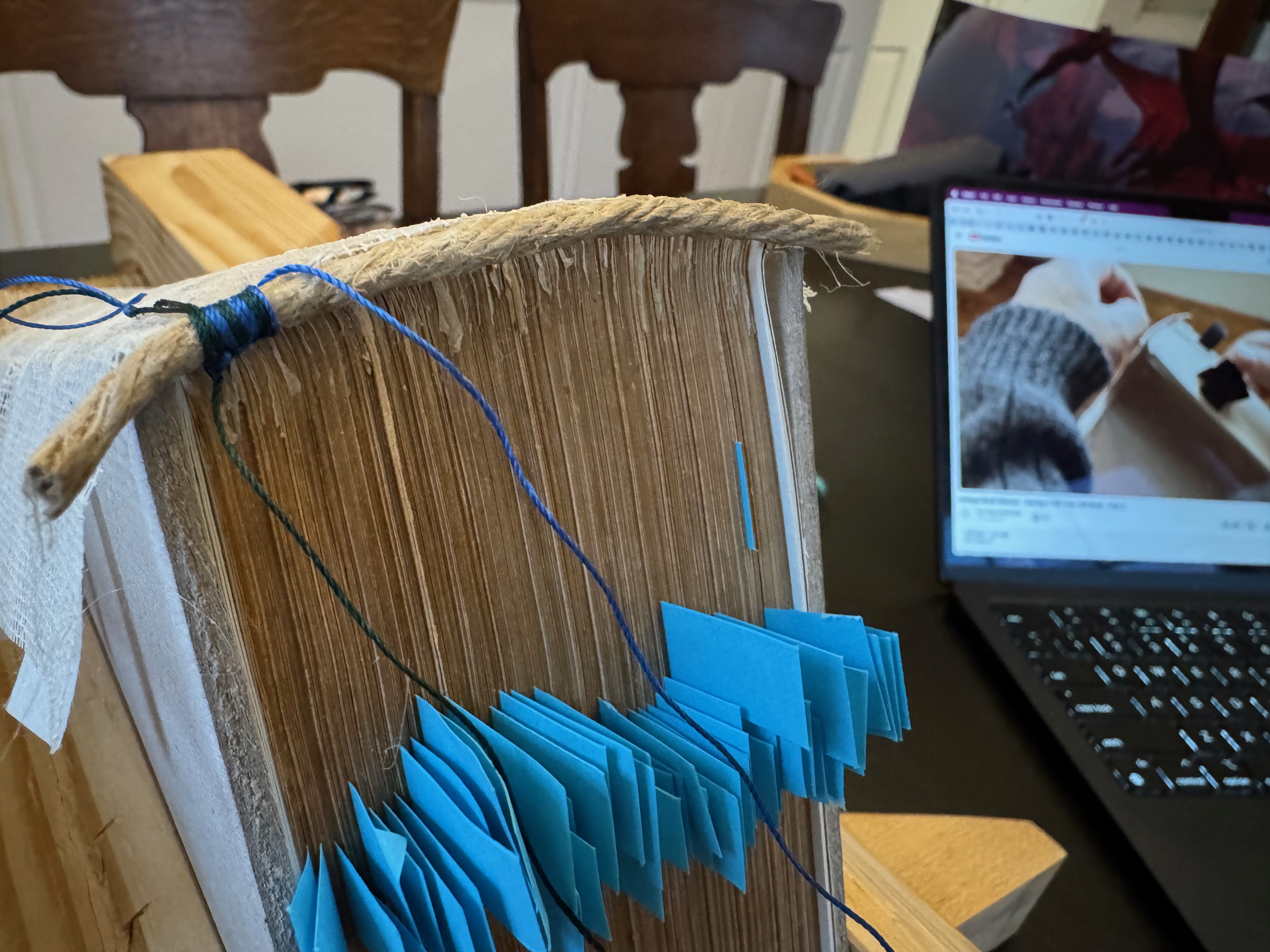 Sewing and wrapping underway, you can see Four Keys' video in the background
